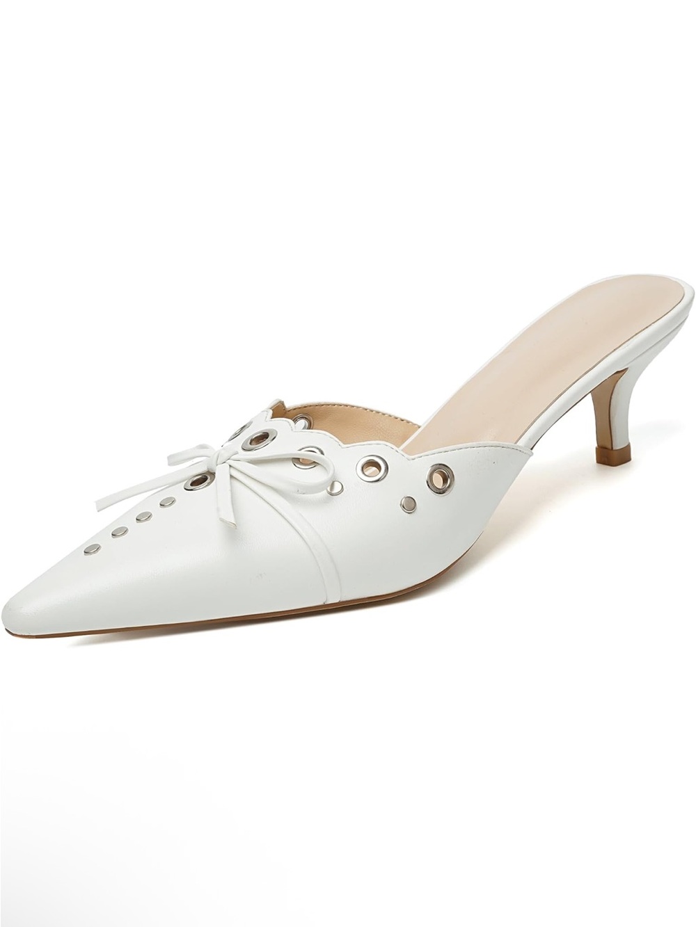 Olomisa White Pointed Leather Kitten Heel Mule